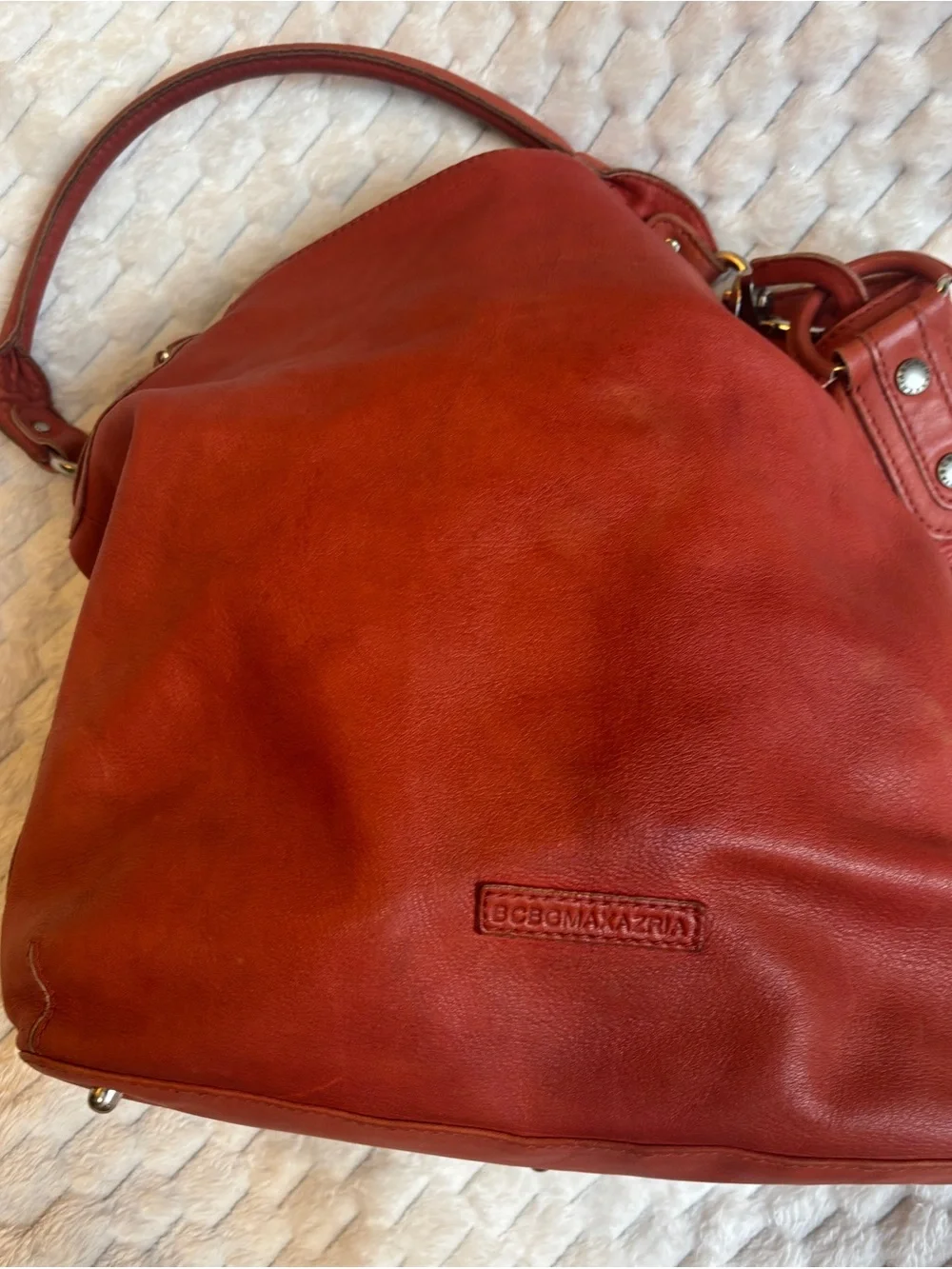 BCBGMaxAzria Rusty Red very soft leather slouchy hobo tote silver hardware